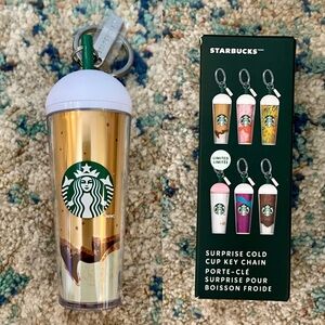 Starbucks MINI Mystery Gold Tumbler Keychain Gold Brown Cream Metallic w/ Straw